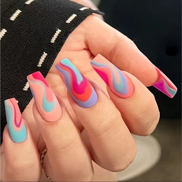 Acrylic Long Tapered Square Tip Psychedelic Barbie Swirl Manicure Professional - Picture 1 of 6